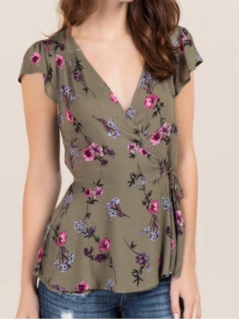 Floral Faux Wrap Peplum Top
